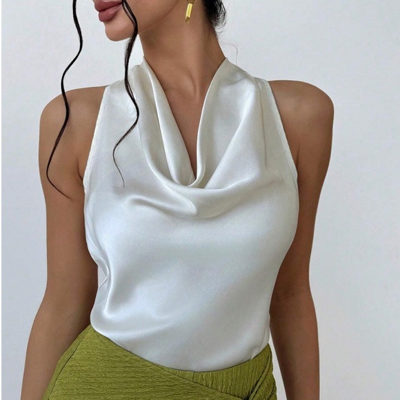 Cream Satin Halter Draped Tie Neck Sleeveless Blouse - Picture 1 of 8